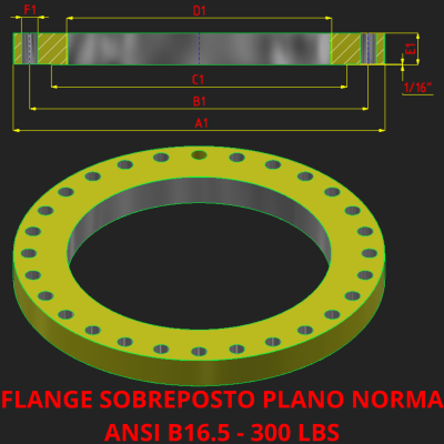 FLANGE SOBREPOSTO PLANO - NORMA ANSI B 16.5 - 300 LBS